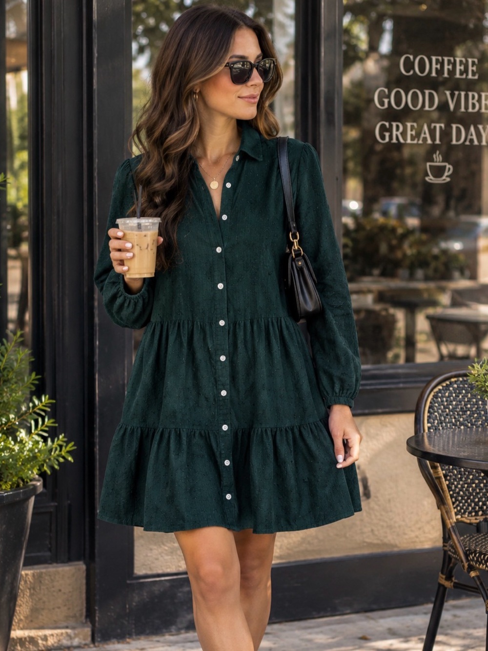 J. Crew Long Sleeve Dark Green Corduroy Tiered Button-Front Shirt Dress Size 8